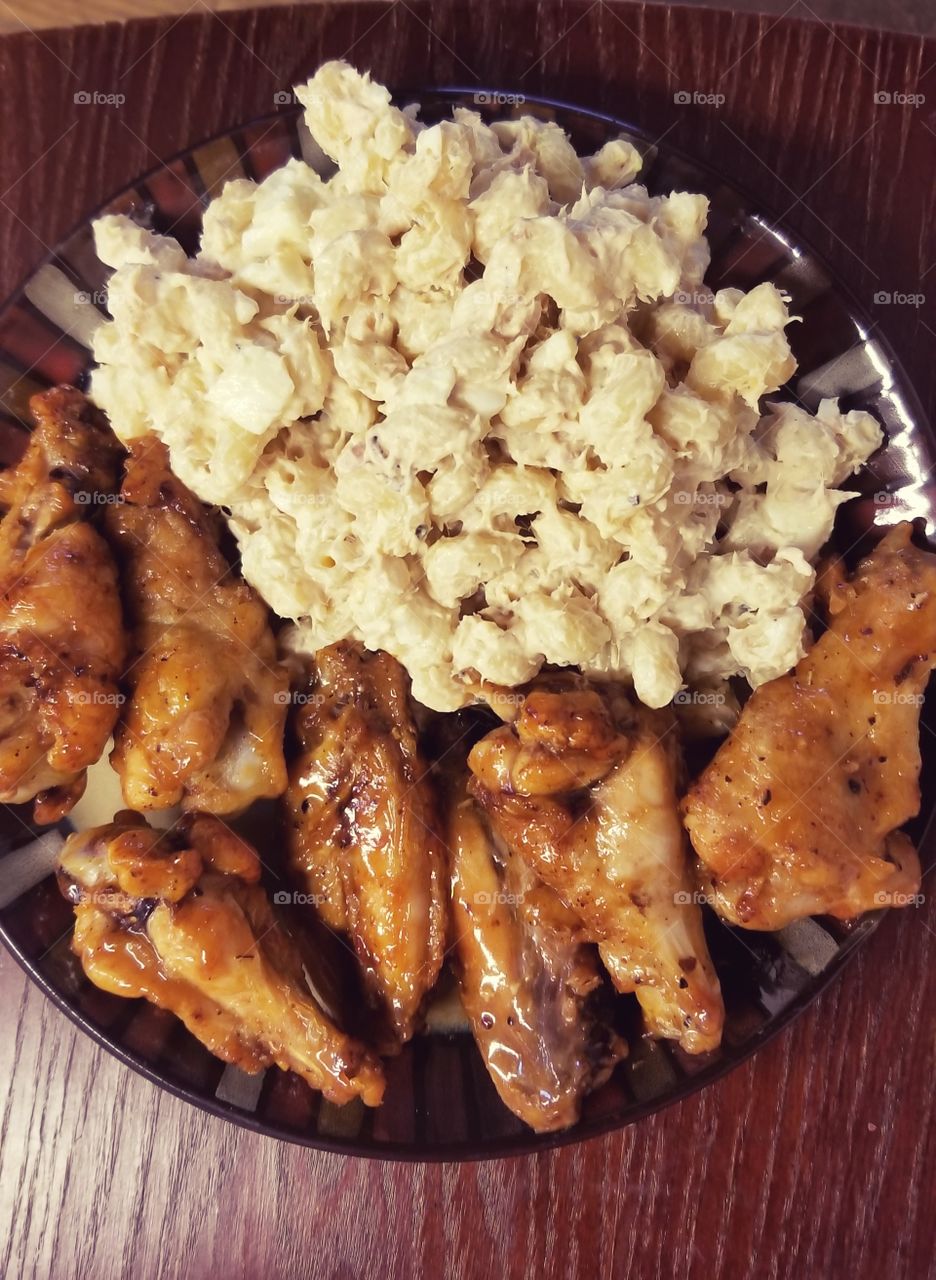 home made mac salad and chicken wings done in the air fryer.