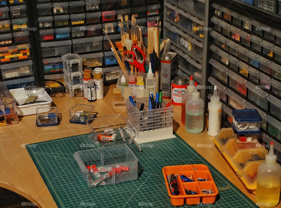 Hobby Work Desk. Hobbyist's Desk Organized With Tools
