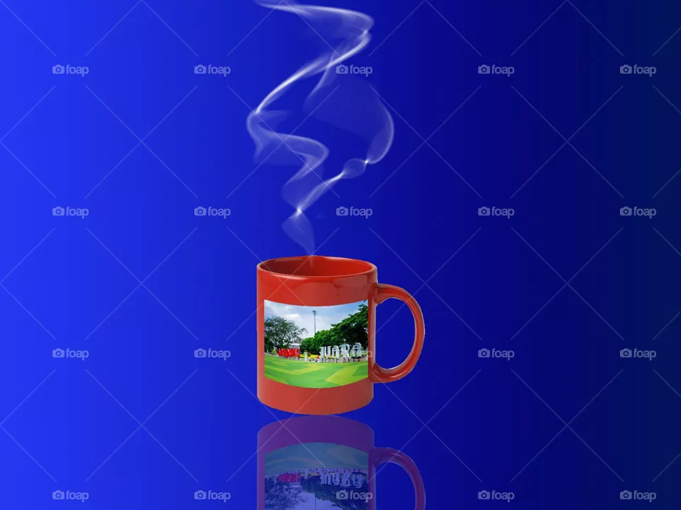 Hot water in glass cup, mug, blue degradation color background, white smoke bilowing, bandung city park image mug mockup, mug color is pink purple,