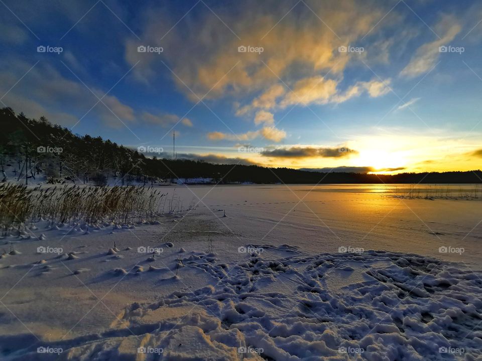 Golden sunset by the lake in winter time