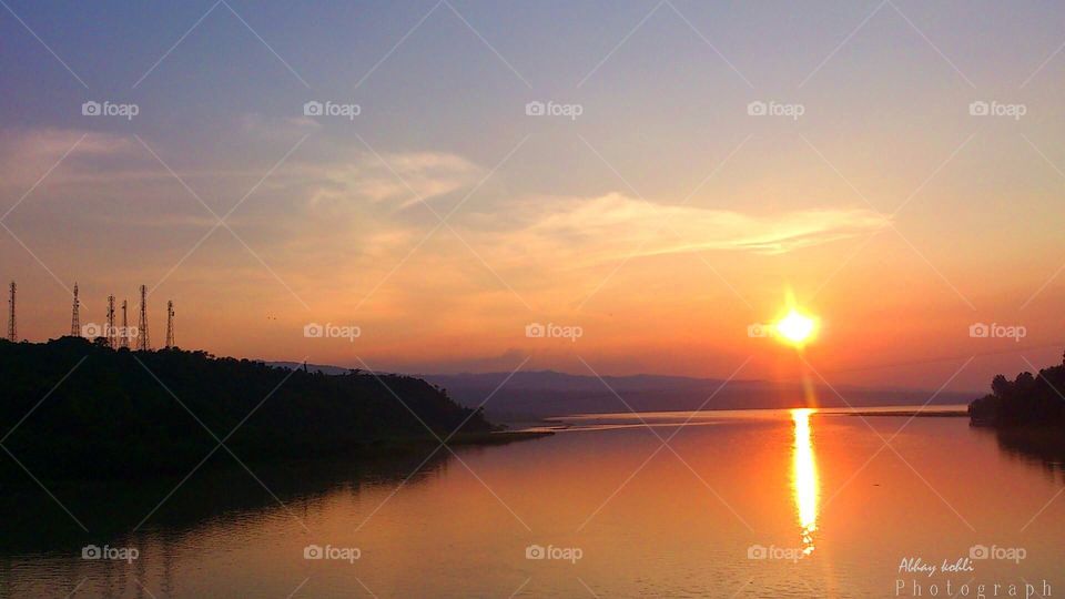 sun, sunset, river, mountain, orange, cloud wind, blue, red, beautiful, nature.