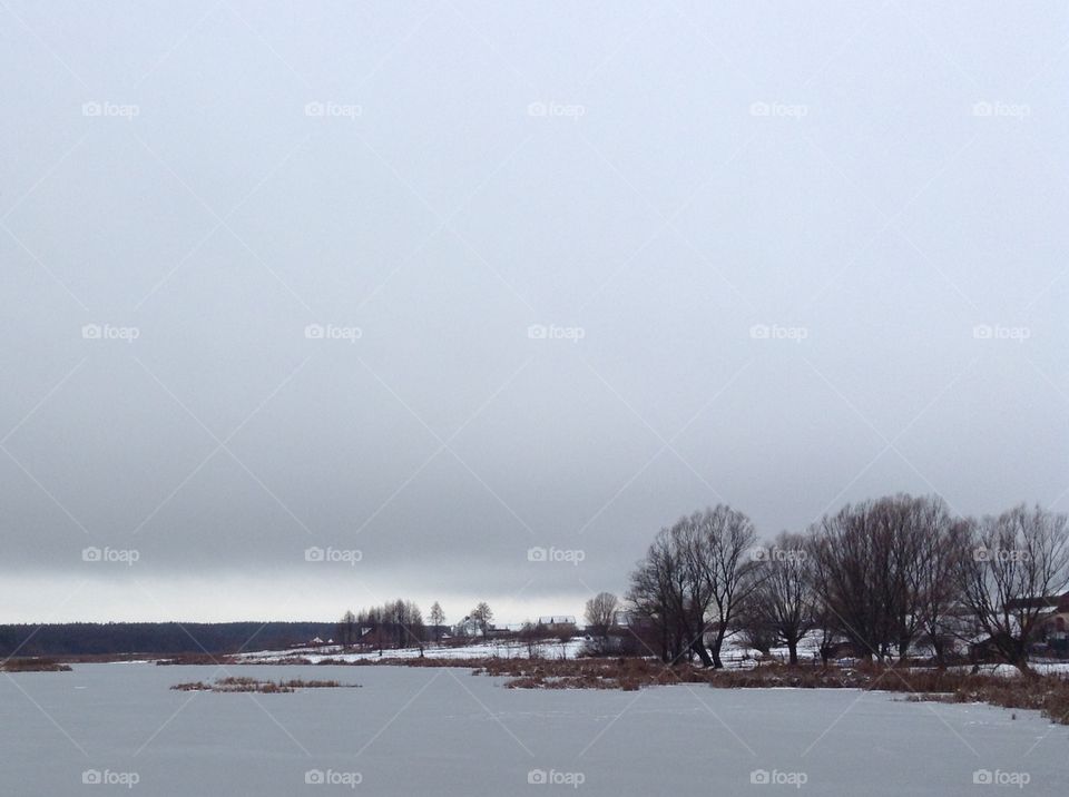 Skyline over a lake in winter