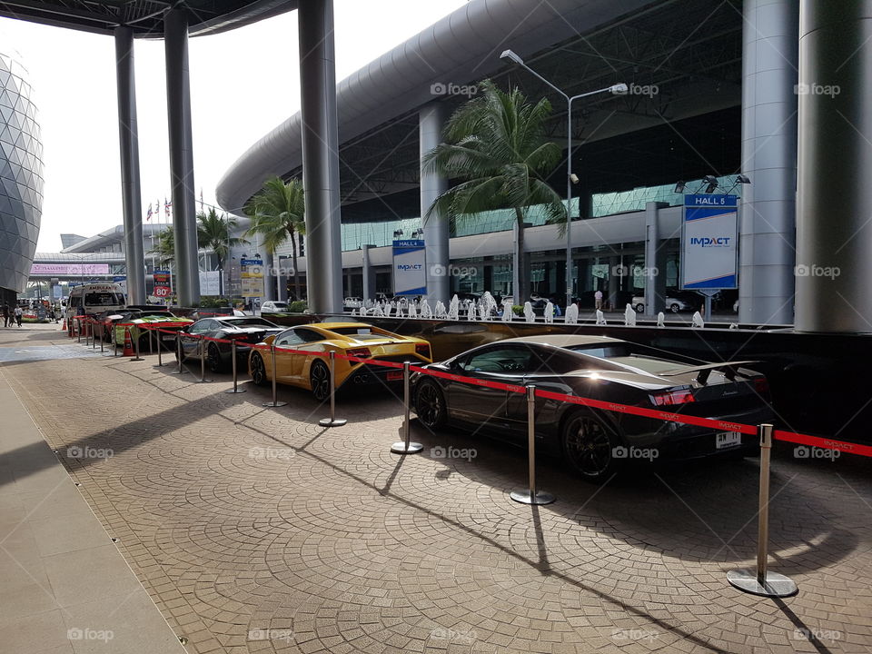Lamborghini Gallardo, five supersport cars parked