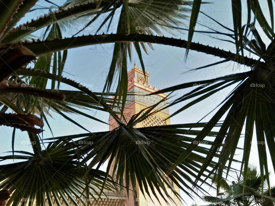 Beautiful view to minaret mosque at marrakech City in Morocco