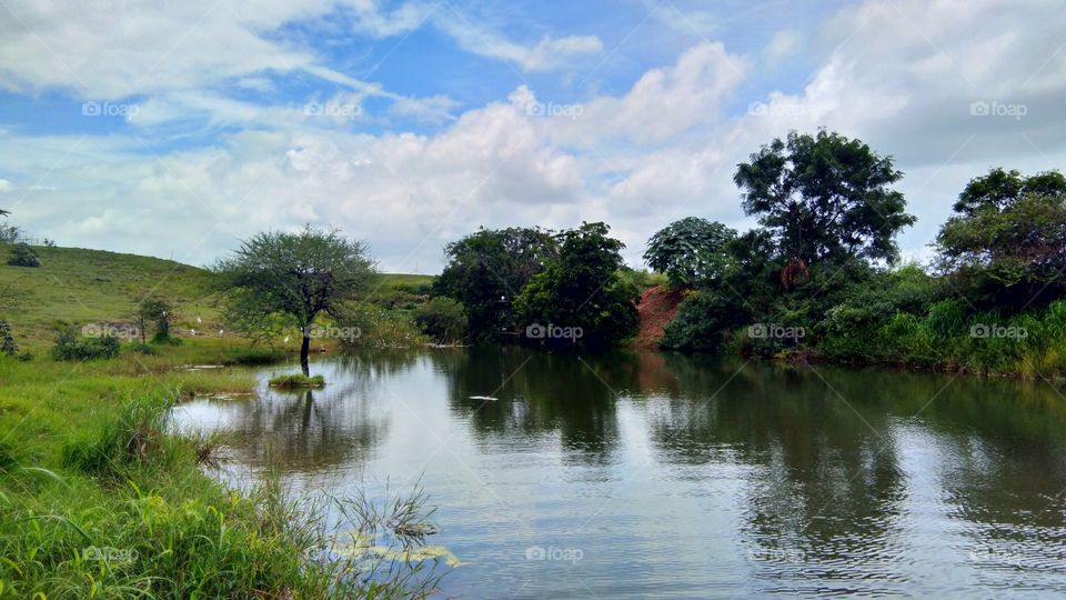 Landscape portrait of water storage of check Dam in rural area. Surrounding beauty of nature.