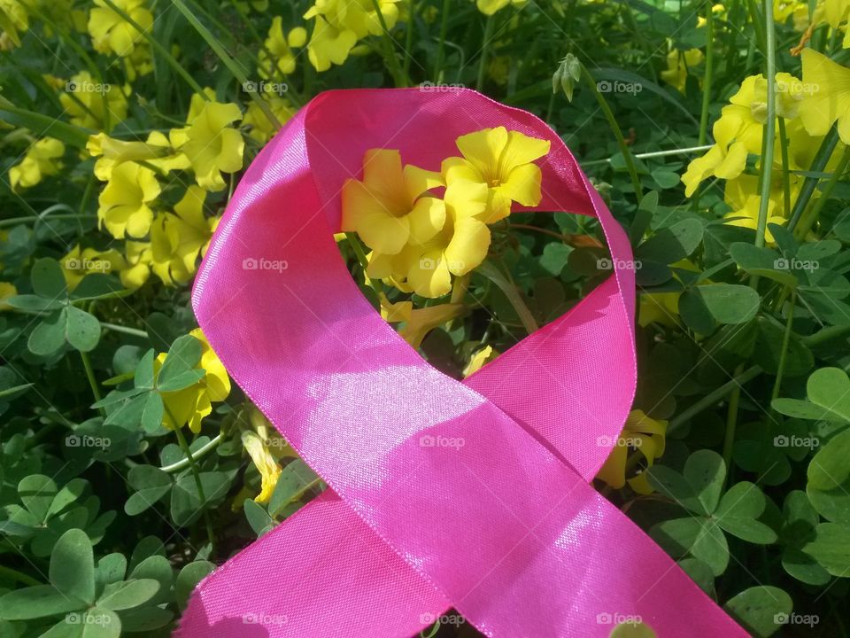 pink silk ribbon into natural yellow wild flowers and green four leaves