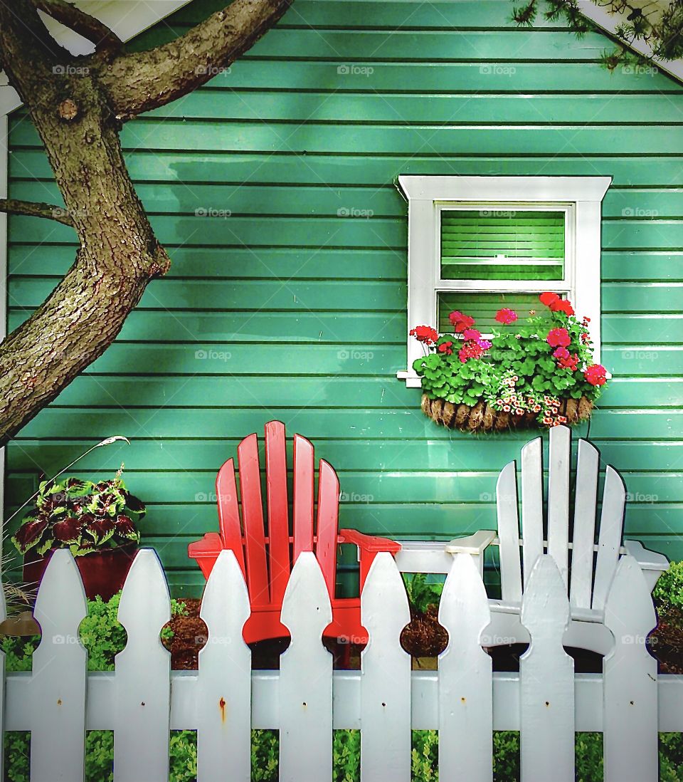 Foap Mission “Even Numbers”! Two Adirondack Chairs in Front Of A Cottage On An Island In The Pacific Northwest 