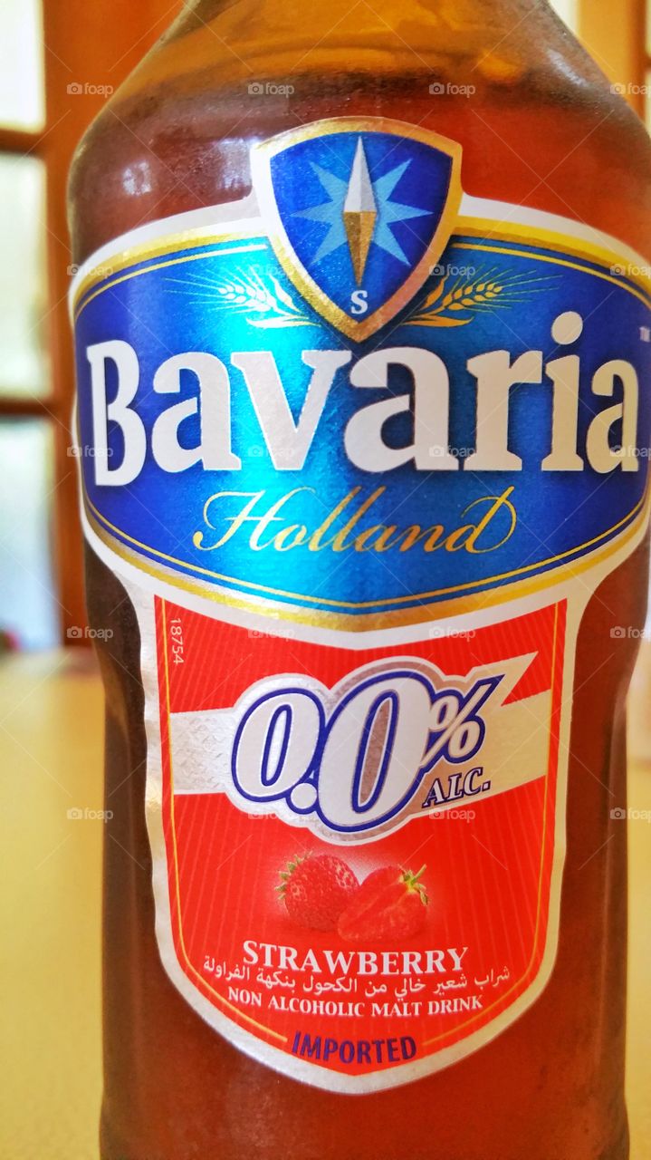 Bavaria brand imitation beer - strawberry flavored available as non-alcoholic beverage.