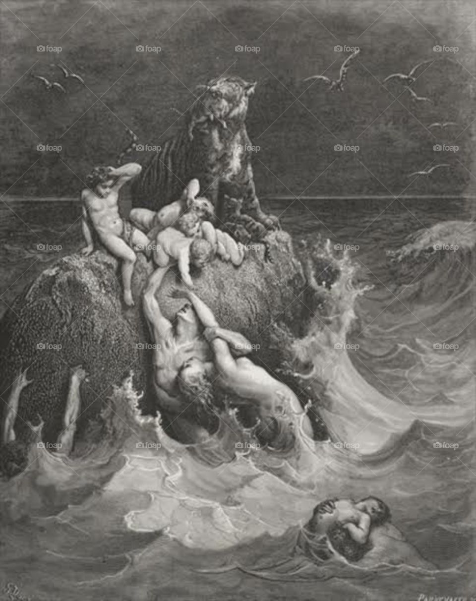 It's by Gustave Doré, usually considered a master engraver, this image is a powerful depiction of the doomed men and beasts in the story of Noah's Ark trying desperately and futilely to save their children.