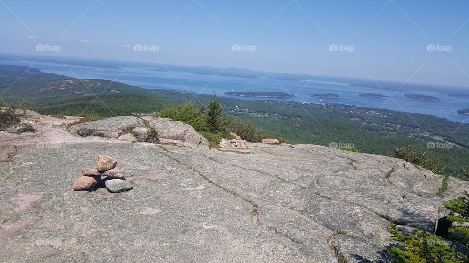 The Cranberry Islands as seen from the top of Cadillac Mountain. Late summer, Bar Harbor, Maine. Acadia National Park.