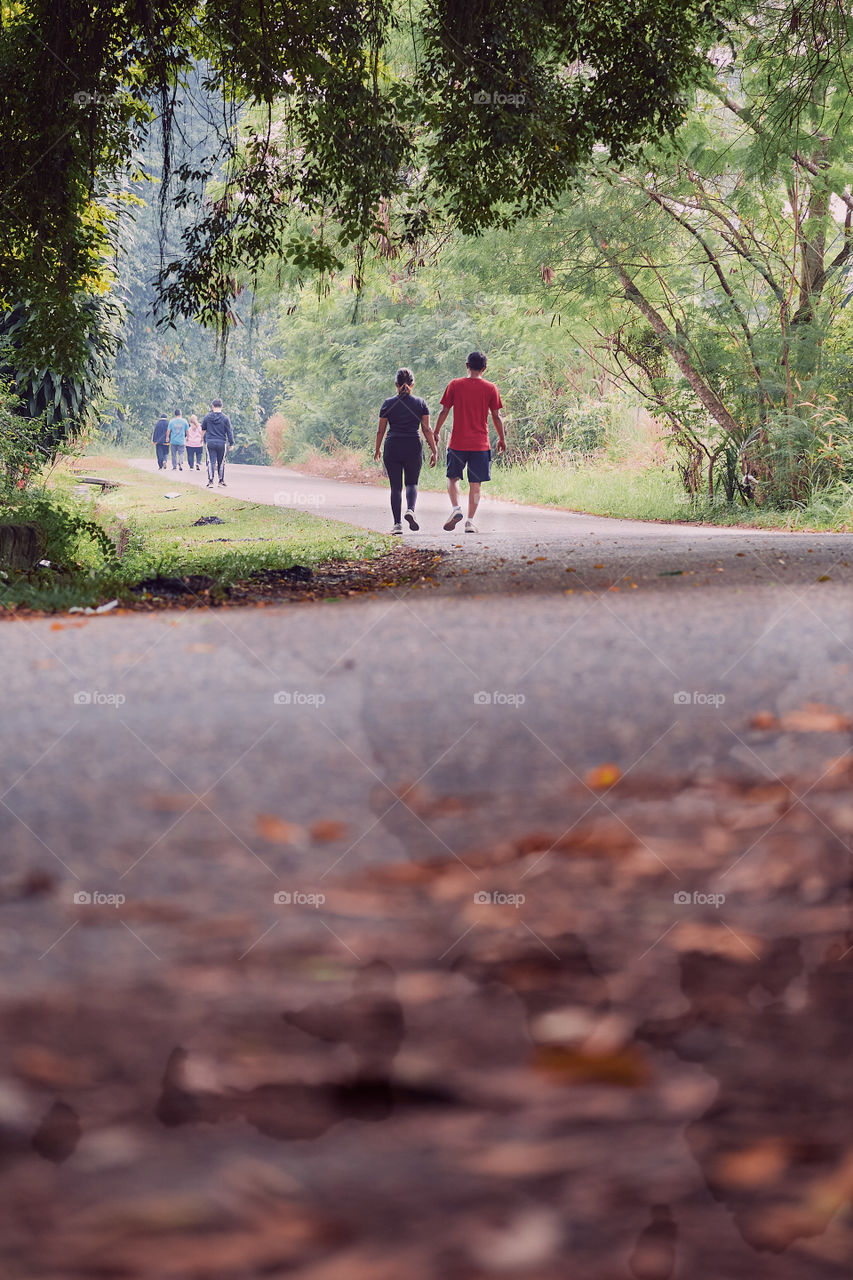 morning walk, a couple of morning walks in a park.