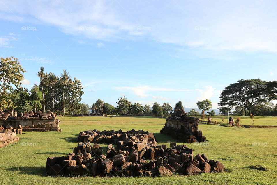 Scattered stones in the ruins of Ratu Boko Palace, a historical site in Jogjakarta, Indonesia