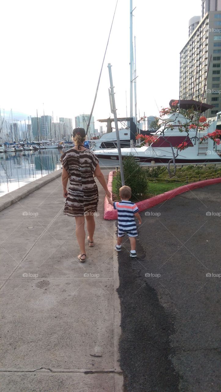 Mother and Son explore Ala Wai Harbor in Honolulu, HI