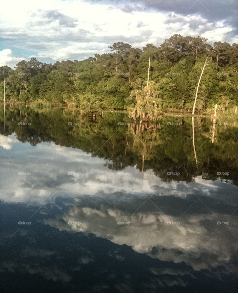 Mirror image of clouds, sky and trees reflecting in lake's surface on a summer day 
