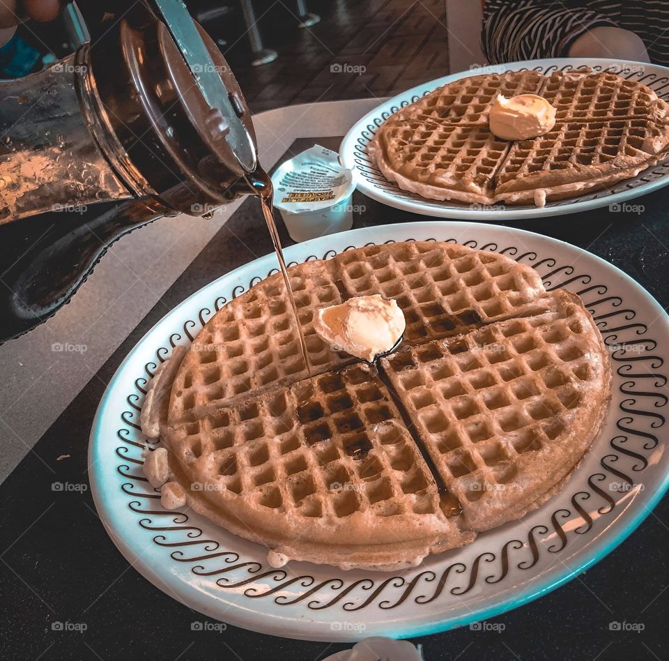 butter waffle with maple syrup