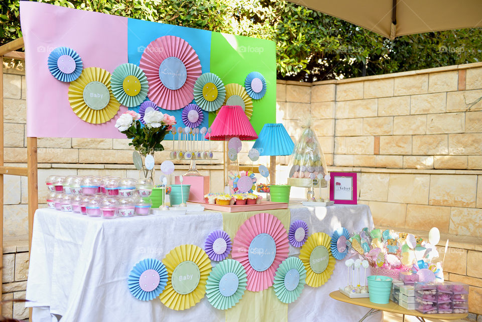 a colorful candy table for
a baby shower