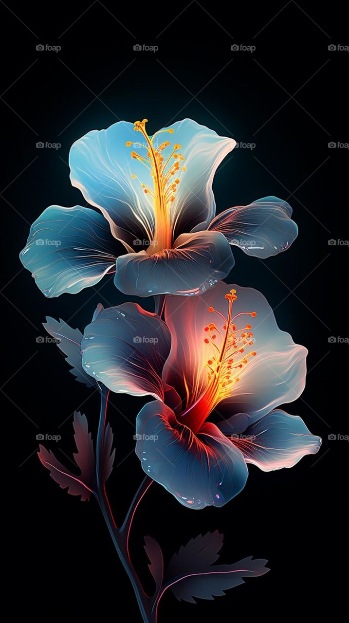 blooming light blue flowers on dark background in the style of luminescent lightscapes