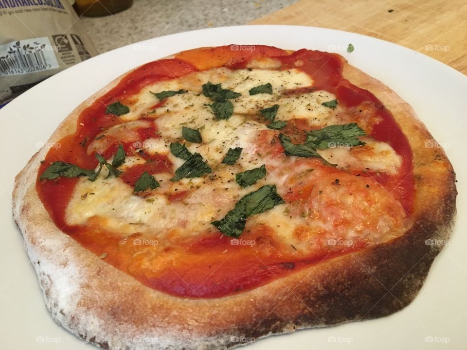 Homemade Mozzarella and Basil Pizza 