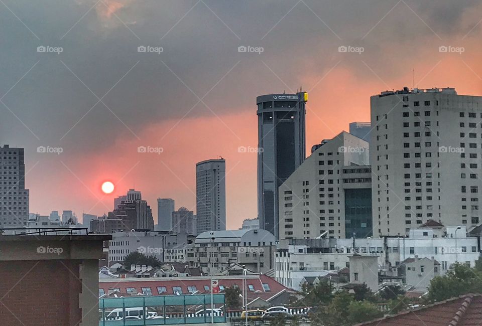 Sunset over Shanghai - a view from Xintiandi - a good mix of architectural styles 