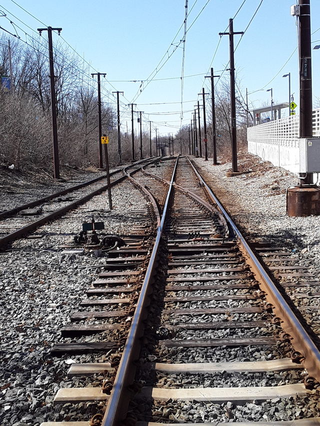 train rails of the RTA  in a downtown area of Cleveland ohio