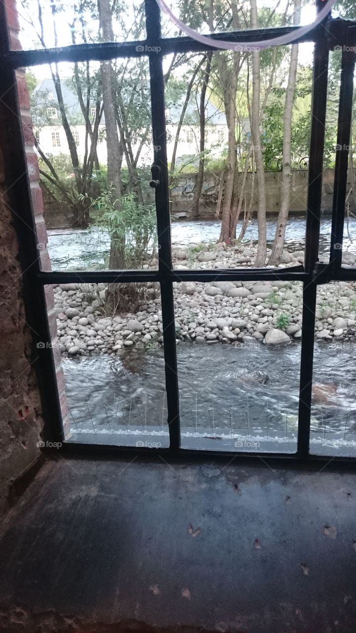 Window. A bar with river just the other side of the window