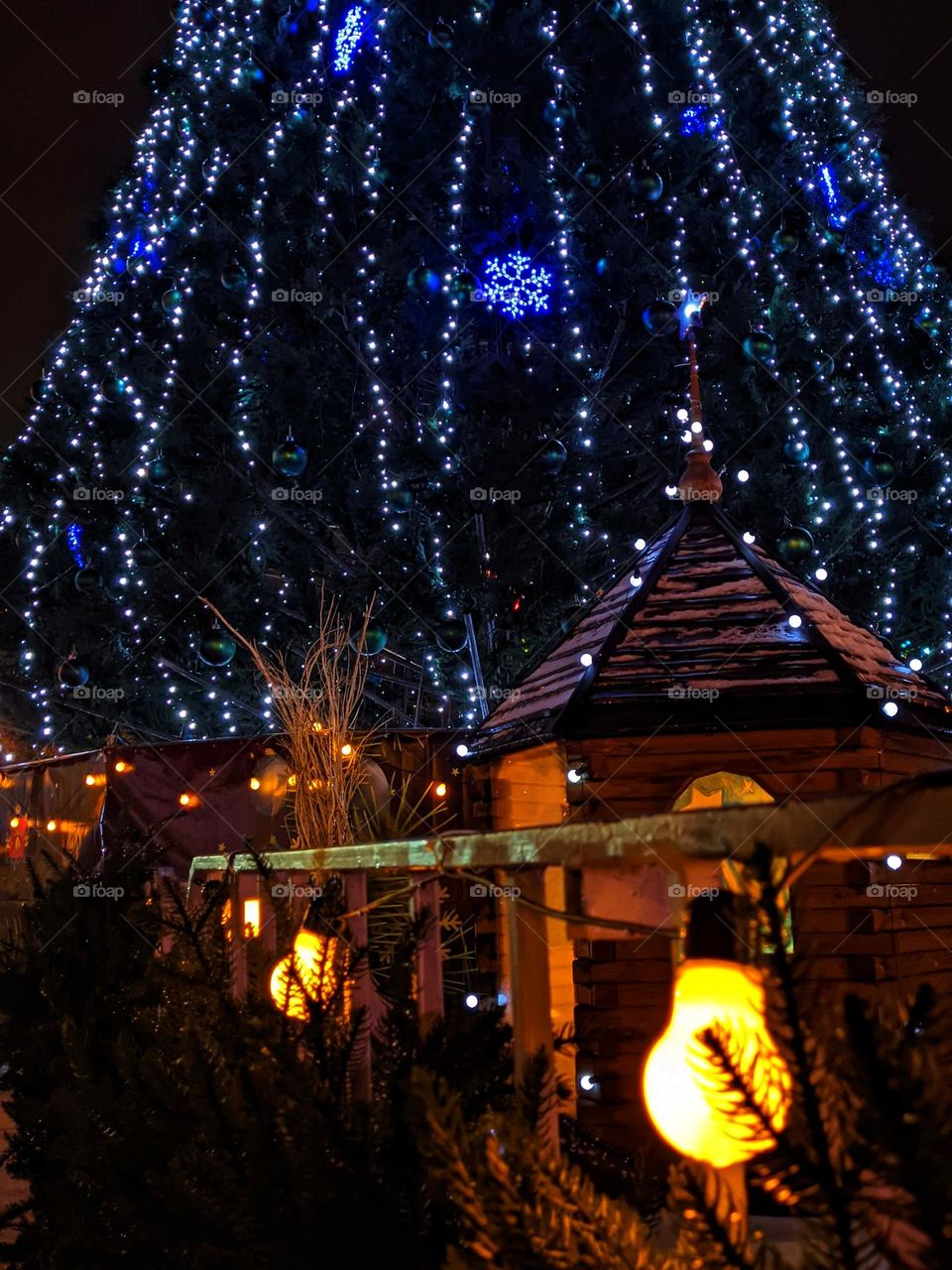 Christmas and New Year decorations, garlands, lights in night city. Eve celebration.  Deer horns. Ukraine