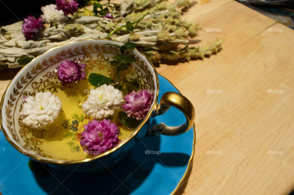 Vintage tea cup with Chrysanthemum tea organic healthy lifestyle conceptual background 