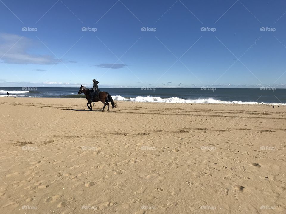 Tourist takes horse back riding lessons on Virginia beach