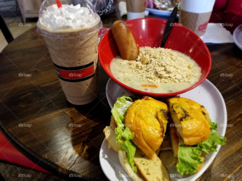 chicken bacon ranch bagel sandwich with soup and frozen mocha