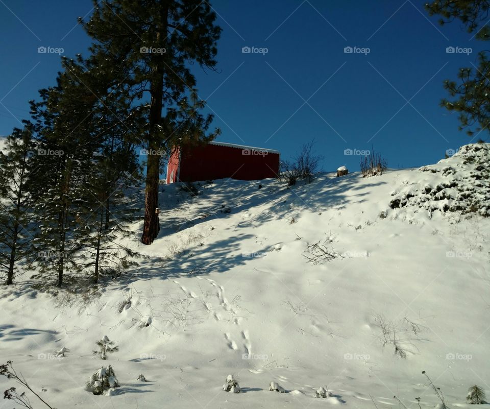 red building on the hillside