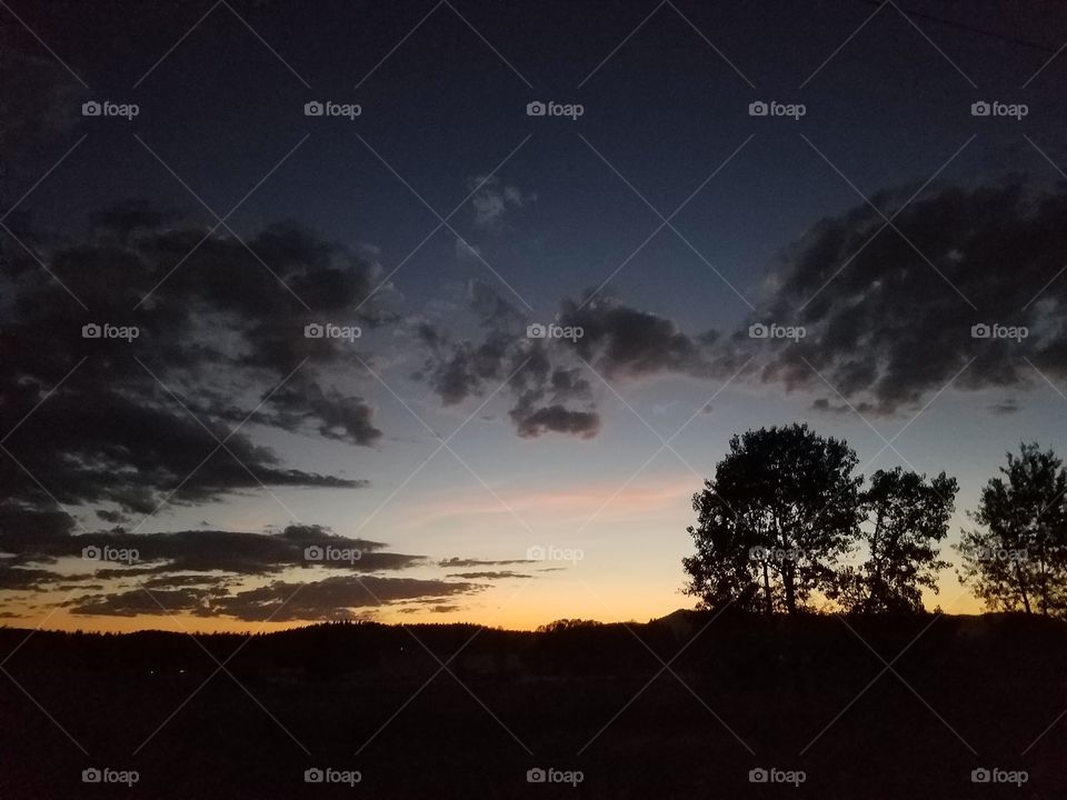night, sunset, trees, sky, clouds, farm
