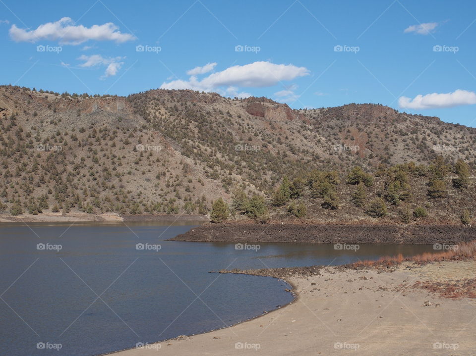 A cove at Prineville Reservoir in Central Oregon with sandy shores, trees, rocks, and hills on a sunny spring day. 