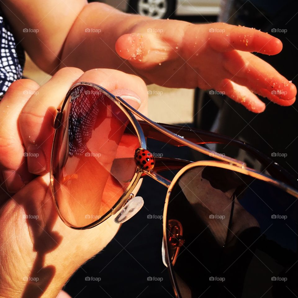 Sandy hand with the red ladybug