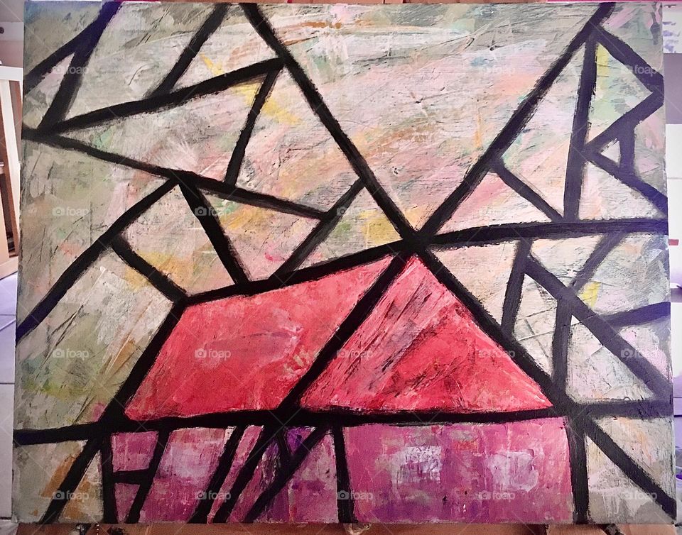 Abstract painting of a house with magenta colors. Triangles and shapes forming the image 