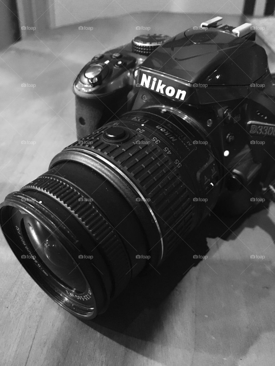 Black and white Nikon D3300 camera.