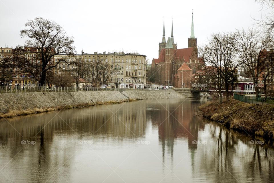 View of the river and cathedral in Wroclaw, Poland