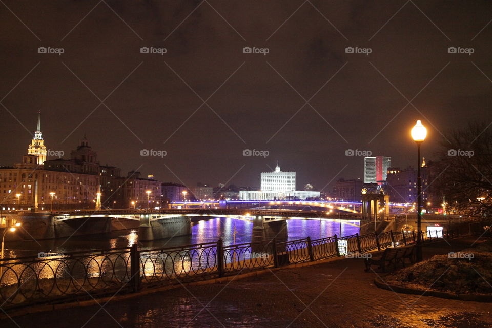 Berth, sunset, river,  Moscow, city, night city, Moscow does not sleep