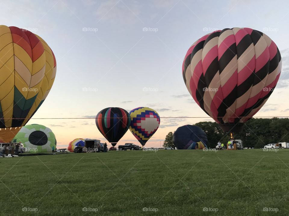 Hot air balloons inflating 