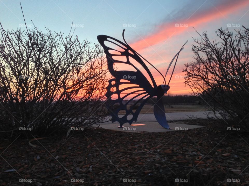 Butterfly statue at dusk