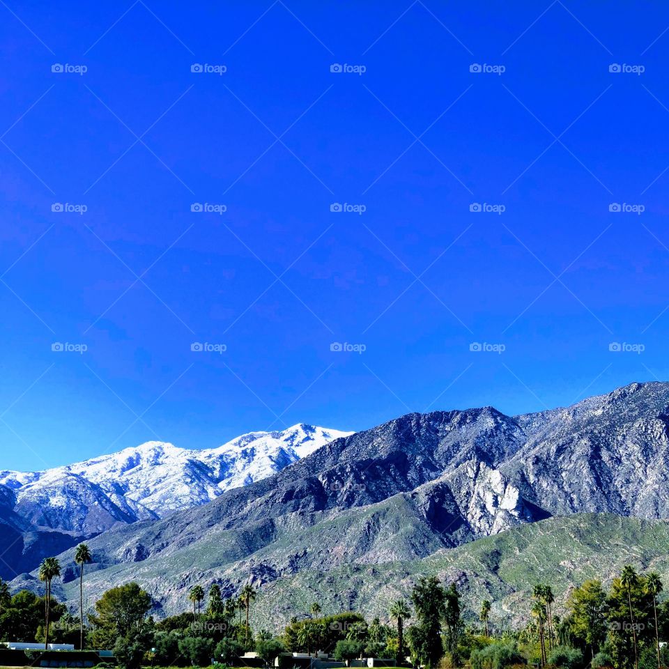 The snow capped San Jacinto mountain range in Palm Springs, California 