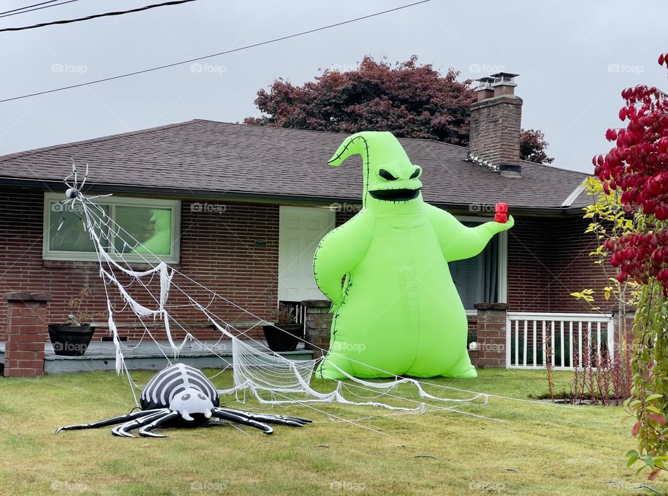 Big green monster and spider in spider web near the house. Halloween outdoor decor 