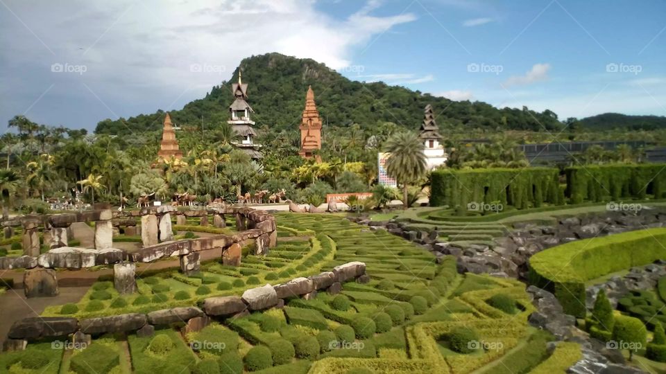 garden with temples and geometric shapes