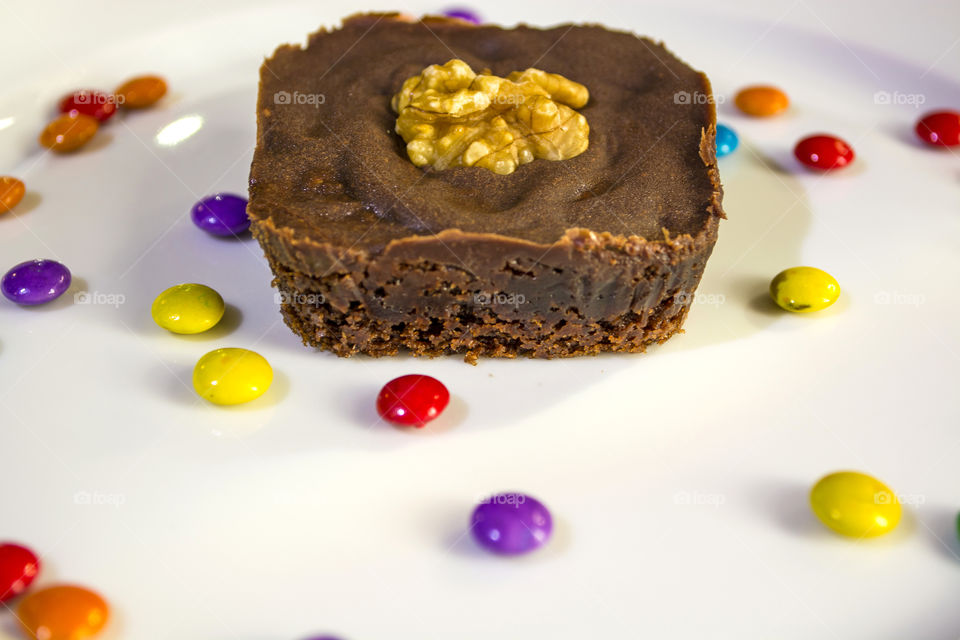 Chocolate fudge brownie with candies