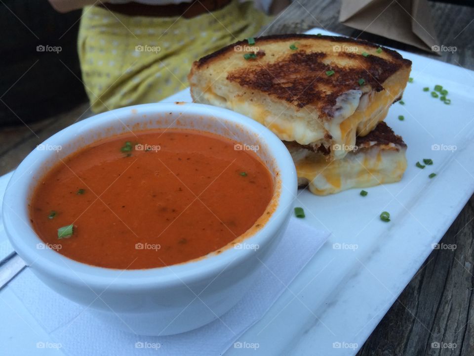 Grilled Cheese and Tomato Soup. Grilled Cheese w Bacon and Tomato Soup