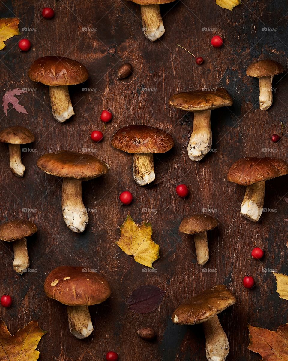 autumn flatlay with mushrooms and leaves