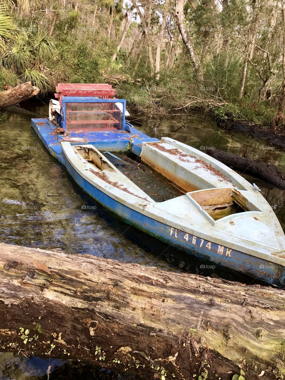 An abandoned paddle wheel boat surrounded by fallen trees found on a kayak exploring trip