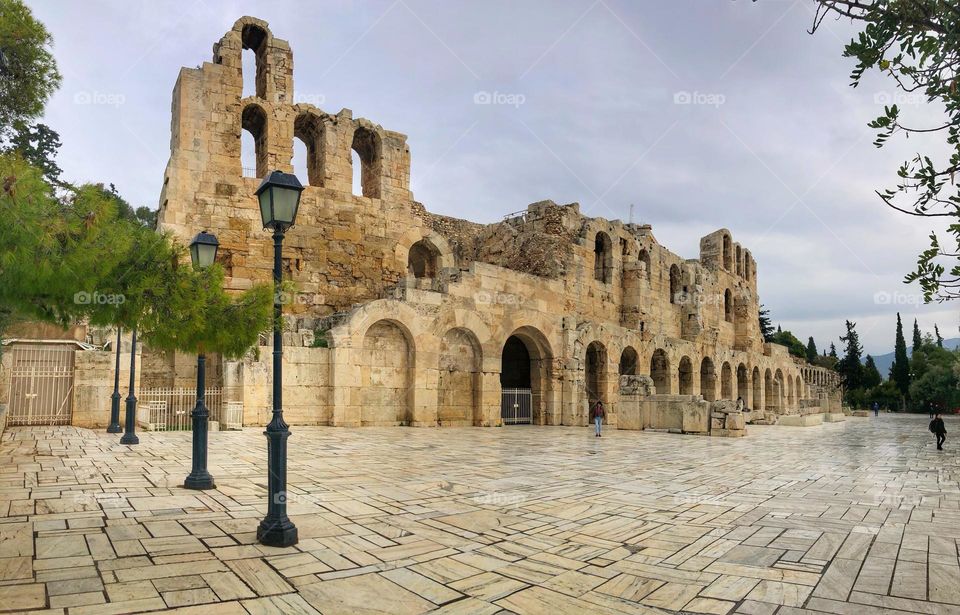 Odeon of Herod Atticus. A stone Roman theatre structure located on the southwest slope of the Acropolis of Athens, Greece. The building was completed in AD 161 and then renovated in 1950.