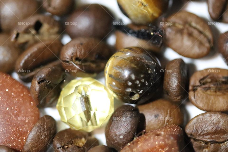 Semi-precious stones and coffee beans