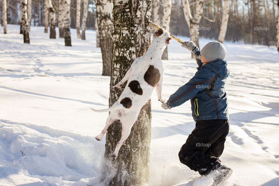Boy playing with dog in winter