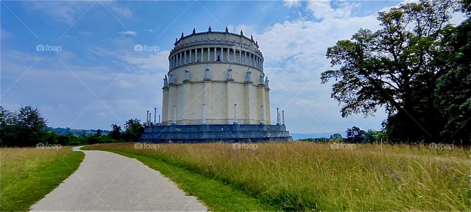This is “Liberation Hall” in “Kelheim”, Bavaria on the “Danube” from the outside. This colossal circular structure was built in the Greco-Roman classical style during the 19th century. 2024. Hypnotic Productions